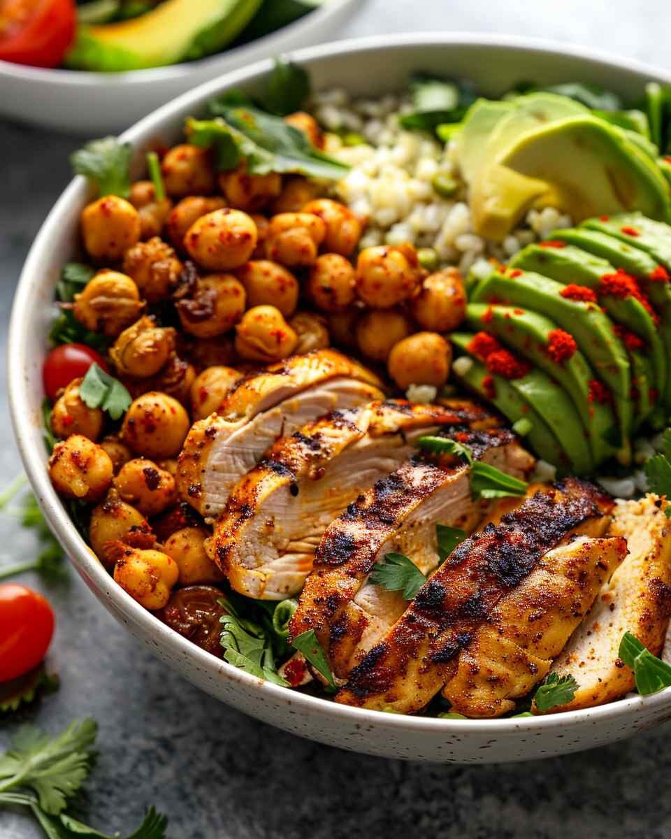 Diced chicken power bowl with avocado and fresh salad