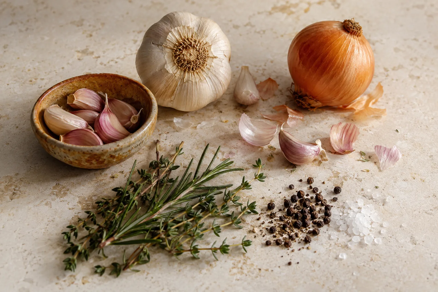 Garlic, onion, herbs, salt and pepper arranged on a stone benchtop