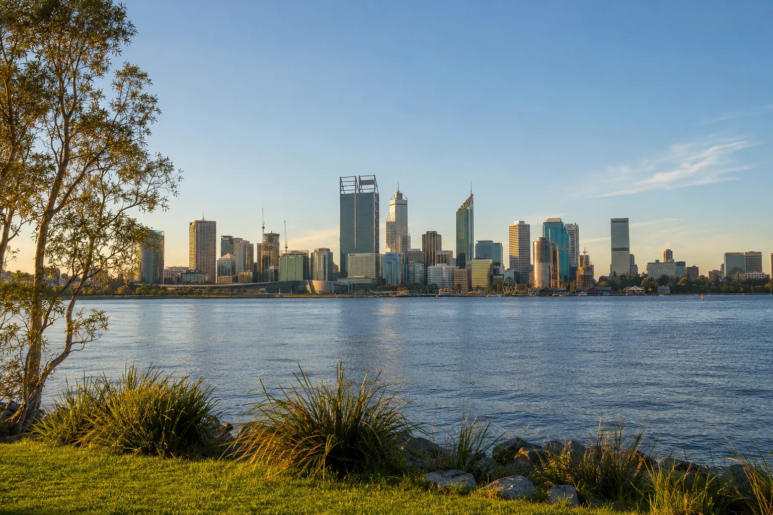 Perth city skyline across the Swan River from South Perth