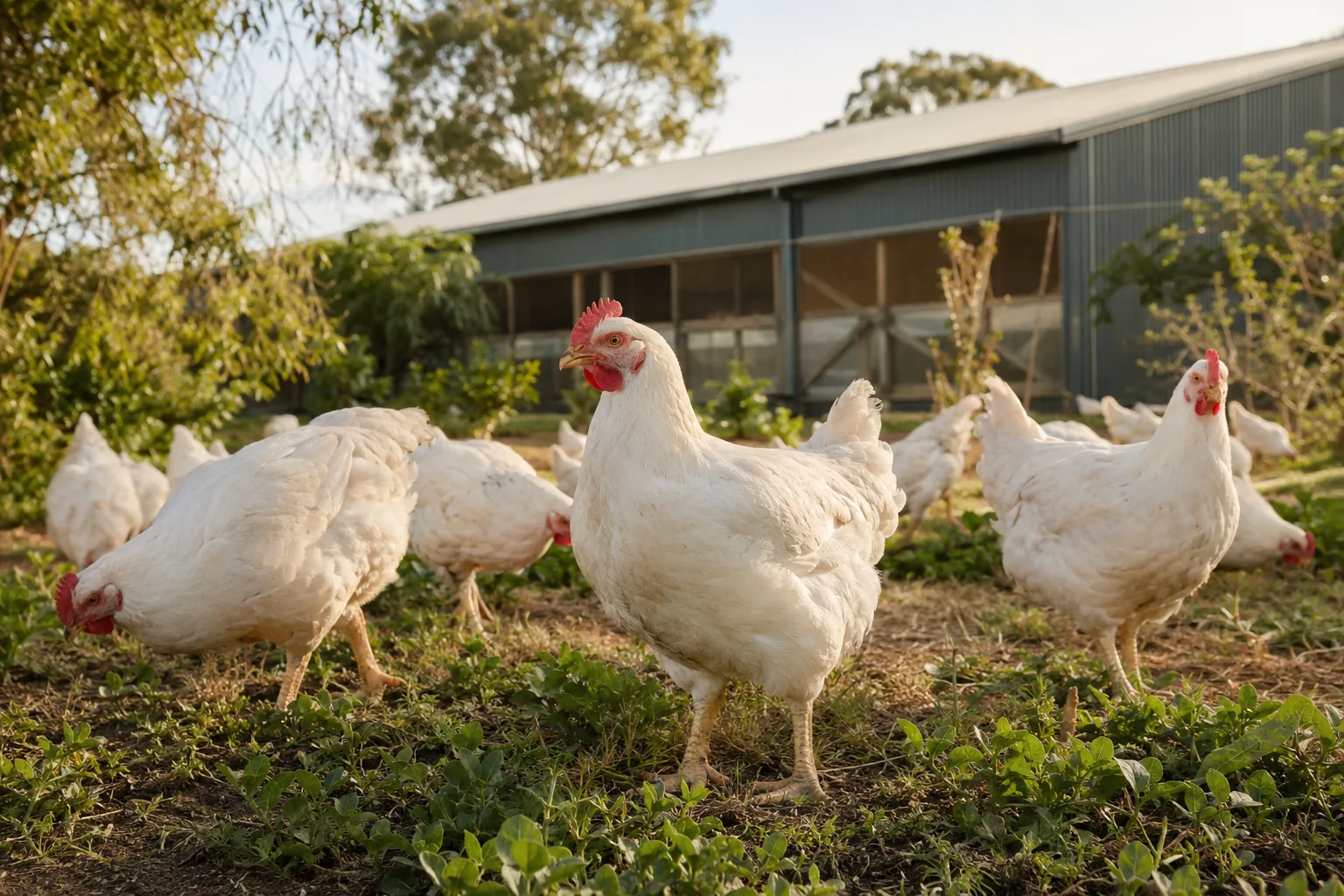 White chickens on a green Australian farm beside a modern poultry barn